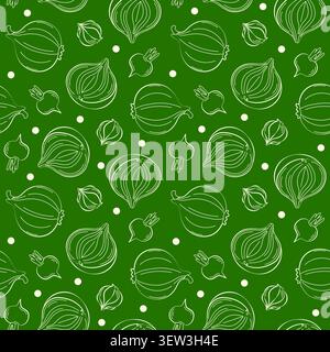 Summer vegetable seamless background with onion, radish, garlic for grocery, farmer market decor, seasonal packaging Stock Vector