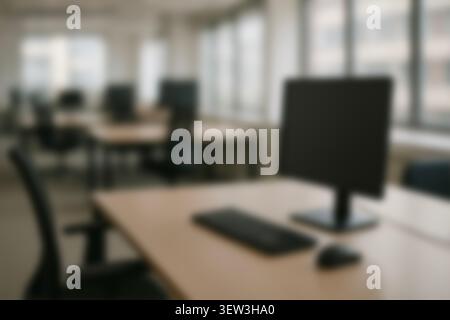 Blurred modern office building interior, empty hall with panoramic windows beautiful lighting. corporate workspace open space business background Stock Photo