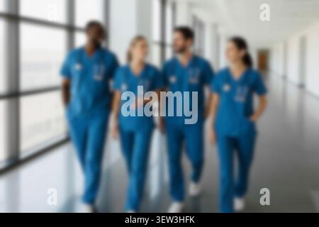 Blurred healthcare team walking in a hospital hallway. Diverse confident doctors, nurses in scrubs smiling, collaborating, and discussing patient care Stock Photo