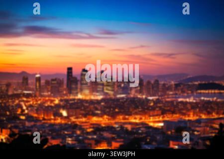 The lights of a night city with circular bokeh blue horizon. Colorful abstract circles of light from street lanterns blurred in the twilight evening. Stock Photo