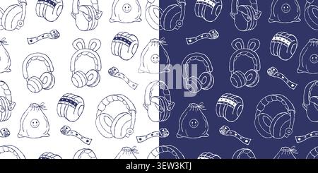 Kids Headphones Seamless Pattern Set. Outline Children Sensory Headset on Dark Blue and White Backgrounds. Vector Illustration. Hand Drawn Repeating T Stock Vector