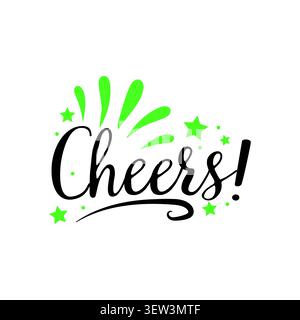Cheers festive typography design with green stars and bursts, suitable for celebration invitations, greeting cards, or party decorations Stock Vector
