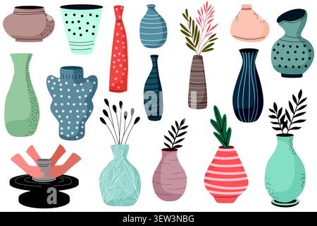 Collection of colorful ceramic vases and pottery with various shapes and designs, including decorative plants, displayed on a neutral background for Stock Vector