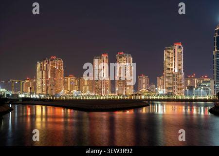 Beautiful Aerial View of Pearl Qatar. Roundabout Pearl Qatar at sunset time. Stock Photo