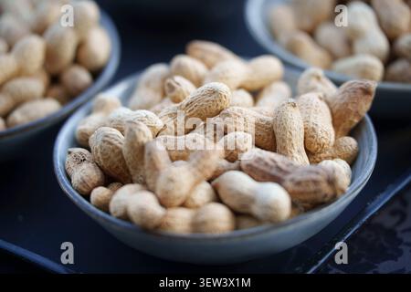 Close-up of raw peanuts in their shells served in small ceramic bowls on a dark tray Stock Photo