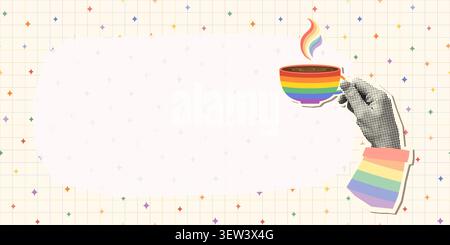 Halftone hand holding a cup of coffee with LGBT pride flag colors, Rainbow stripes vector collage background with copy space for poster and banners Stock Vector