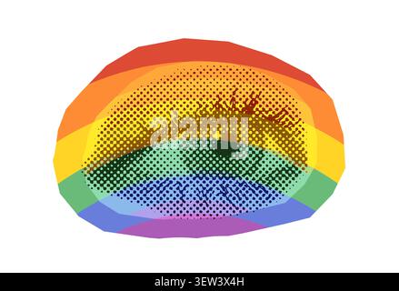 Halftone eye with LGBT pride flag colors, Rainbow stripes vector collage sticker for pride month and LGBTQ visibility designs Stock Vector