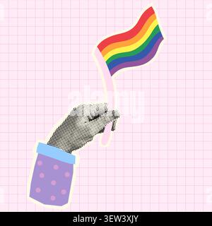 Halftone hand holding rainbow pride flag vector collage sticker, LGBT pride month design for posters Stock Vector