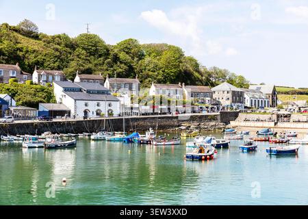 Porthleven in Cornwall, showing small fishing and leisure boats moored on calm water. Stone and white‑painted buildings line the waterfront with a tre Stock Photo