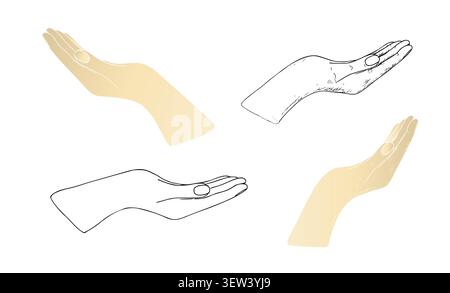 Vector human palm, hand gesture set. Holding an invisible object. Graphic organic, gardening, planting or ecology, awareness. Environmental, earth day Stock Vector