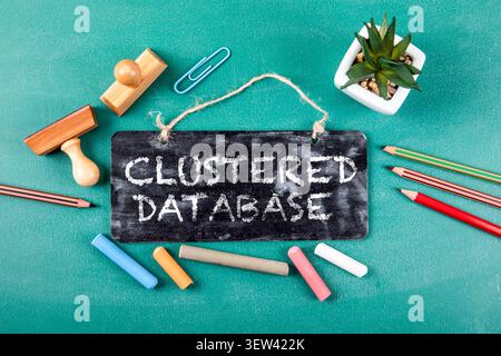 Clustered Database Text on Chalkboard Sign Representing Structured Data Storage System Stock Photo