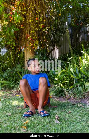 African American male child sitting on grassy lawn under fruiting tree wearing blue shirt Stock Photo