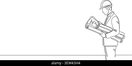 continuous line drawing of a male architect or civil engineer wearing a hard hat and suit, holding blueprints or rolled construction plans Stock Vector