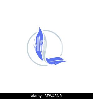 A sophisticated minimalist logo template blending the initial letter L with soft purple feathers inside a clean silver circle frame, perfect for fashi Stock Vector