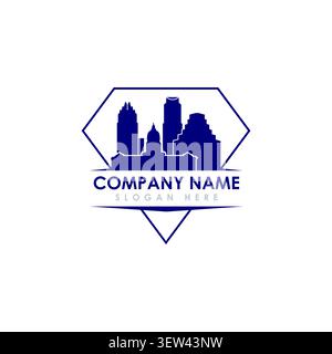 A corporate property logo design showcasing a solid dark blue cityscape skyscraper skyline inside a clean diamond frame border with text placeholder. Stock Vector