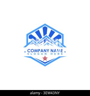 A geometric hexagon emblem logo design featuring sharp mountain peaks, sunburst rays, and a red star accent, perfect for outdoor adventure brands or h Stock Vector
