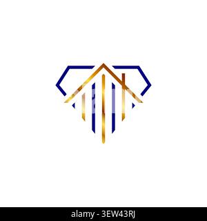 An elegant luxury real estate logo design featuring a dark blue diamond outline integrated with a golden gradient house roof and vertical bar columns. Stock Vector