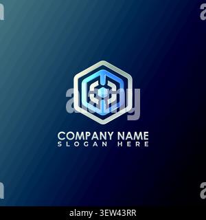 A glossy modern blue hexagon logo design integrating a padlock security shield and target crosshair element, ideal for data network or tech security c Stock Vector