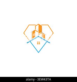 A creative real estate logo template combining an orange diamond frame, building silhouettes, and a blue house roof with fine blueprint lines. Stock Vector