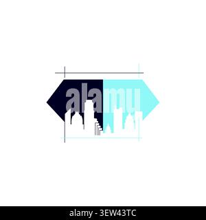 An abstract real estate logo featuring a city skyline silhouette over a split dark navy and light blue diamond background with blueprint grid borders. Stock Vector
