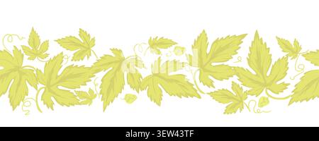 Leaves of grapes or hops. Vector illustration. Seamless horizontal border of green leaves and tendril curls highlighted on a white background. For pri Stock Vector