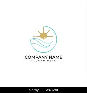 An abstract creative line art logo of an orange sun over flowing teal waves contained within a minimalist open circle framework. Stock Vector
