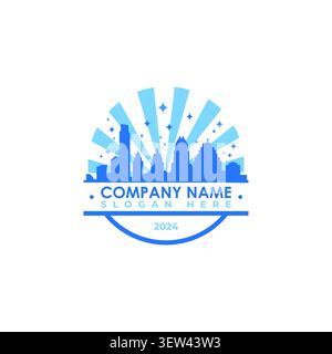 A corporate identity logo featuring the solid blue silhouette of Austin Texas city skyline skyscrapers inside a circular badge with radial sunburst ra Stock Vector