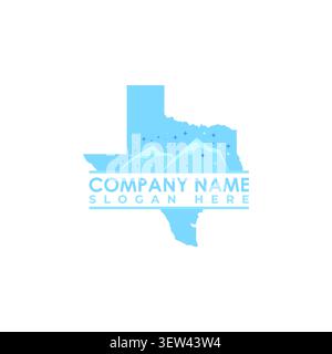 A flat blue silhouette logo of Texas state integrated with a mountain range backdrop under a magical starry night sky pattern. Stock Vector