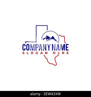 A creative minimalist logo combining the outline map of Texas state with a dark blue mountain range silhouette inside a circular frame, ideal for outd Stock Vector