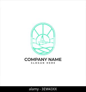 A clean line art badge logo featuring a sailboat outline on rolling sea waves with sunburst lines inside a vertical oval frame. Stock Vector