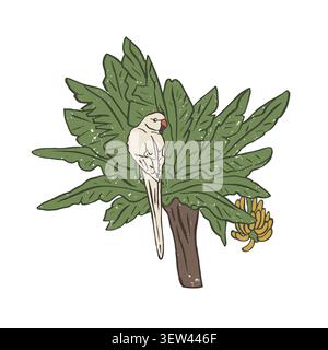 Cute naive style vector illustration of a white parrot sitting on banana tree. Playful exotic animal clipart Stock Vector