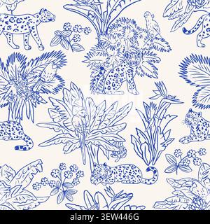 Vintage monochrome jaguars jungle blue toile seamless pattern. Hand drawn toucans and parrots on tropical palms. Exotic rainforest wildlife on cream Stock Vector