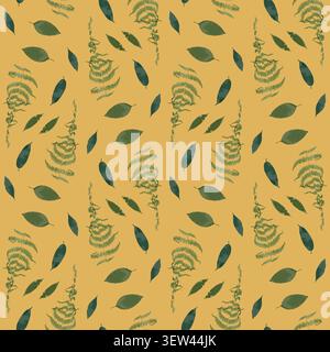 Seamless pattern with dried green fern leaves on yellow background. Wild forest plant wallpaper. Boho botanical texture. Stock Vector