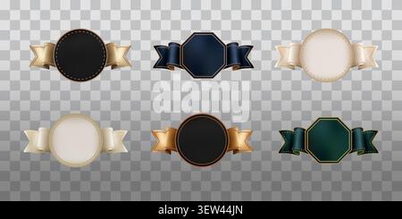 Set of realistic luxury ribbon badges with premium labels and elegant gold borders isolated on a transparent background Stock Vector
