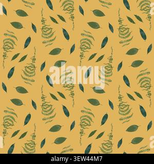 Seamless pattern with dried green fern leaves on yellow background. Wild forest plant wallpaper. Boho botanical texture. Stock Vector