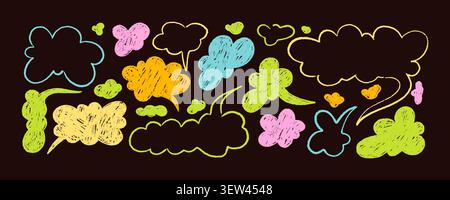 Set of quirky hand drawn speech bubbles. Doodle crayon playful organic shape text box. Childish chalk funky fluffy cloud drawing. Kid style think, cha Stock Vector