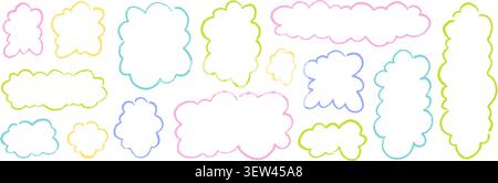 Line doodle pencil fluffy cloud shape frame set. Childish handwritten drawing. Crayon sketch scallop edge border. Pastel scribble. Kid picture outline Stock Vector