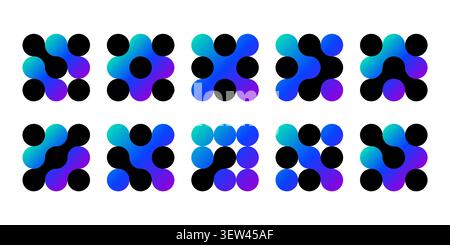 Atom dots connected in molecule structure pattern. Abstract circle shapes, collagen liquid drops. Medical tech metaball cells. Wavy merge fluid arrow Stock Vector