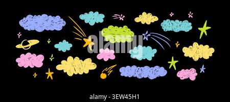 Cute crayon doodle kid outer space background. Fluffy clouds, moon, planet, ufo, comet, shooting star pastel drawing. Night starry sky design. Chalk f Stock Vector