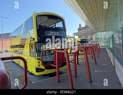 Yellow Warrington’s Own Buses, Volvo BZL electric double-decker marked not in service at Warrington Interchange town centre bus station Stock Photo