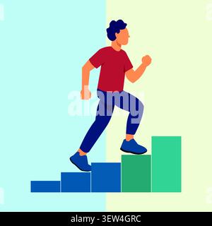 Flat vector illustration of a person stepping upward on growth bars, representing personal development, career advancement, progress, and success. Stock Vector