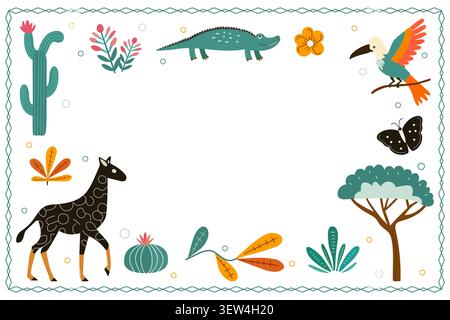 Jungle-themed frame with animals, plants, and empty center space for a customizable background vector Stock Vector