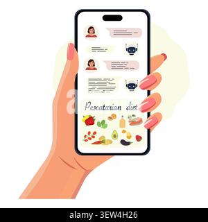 Pescatarian diet chat displayed on smartphone with womans hand holding device vector Stock Vector