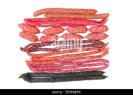 Variety semi-dry sausages. Raw cured sausages on a white background. Top view. Stock Photo