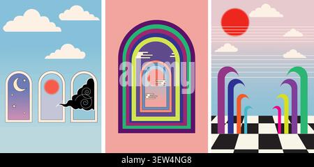 Retro surrealist landscape posters with arches and checkerboard floor Stock Vector