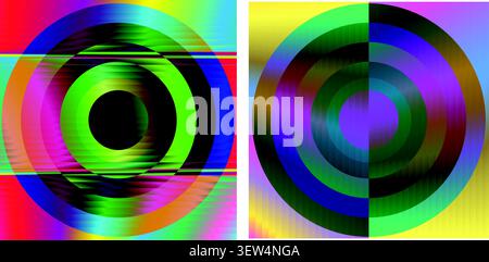Abstract geometric concentric circles with glitch effect and gradient patterns Stock Vector