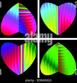 Abstract colorful hearts with rainbow gradient patterns on black Stock Vector