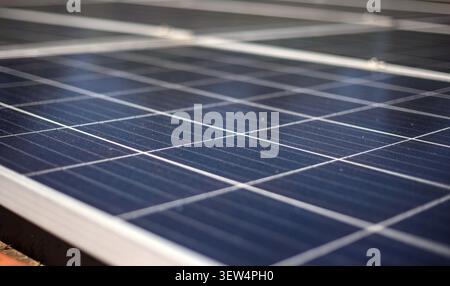 A crisp, detailed close-up of a solar panel surface highlighting the geometric grid pattern and blue photovoltaic cells with a soft blur. Stock Photo