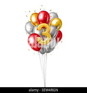 A vibrant bouquet of glossy red, gold, and silver balloons celebrating the number three, perfect for birthdays. Stock Vector