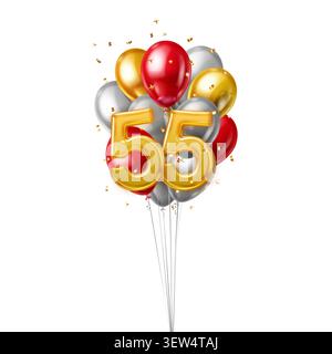 A vibrant cluster of colorful balloons forming the number fifty-five against a clean white background, celebrating an anniversary or milestone. Stock Vector